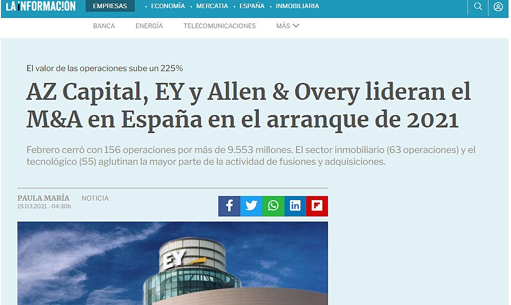 AZ Capital, EY y Allen & Overy lideran el M&A en Espaa en el arranque de 2021